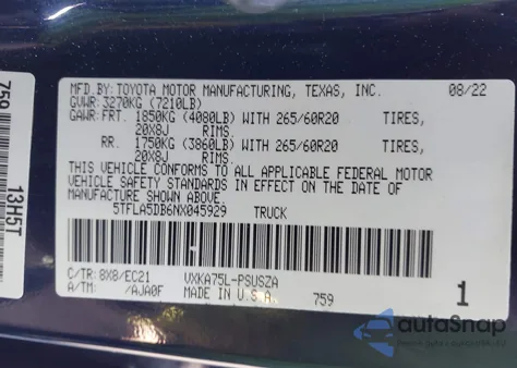 2022 Toyota Tundra Sr5 z USA, uszkodzony, nr VIN 5TFLA5DB6NX045929